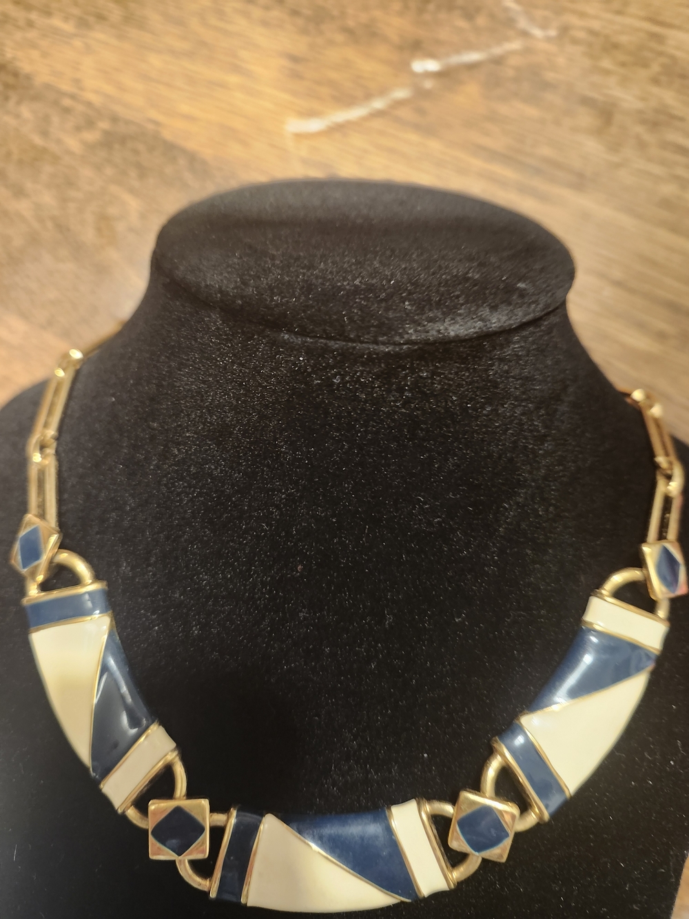 Gold-Tone Blue and Cream Enamel Statement Necklace
